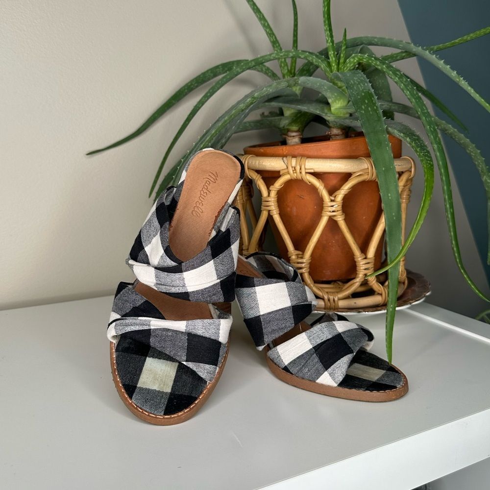Madewell Alexandria Gingham Block Heel Sandals Twist Strap Black White Mule 7.5 - Picture 11 of 14
